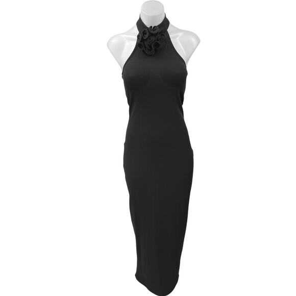 NA-KD Black Sleeveless Rose Halter High Neck Slit Midi Maxi Bodycon Dress XS - Picture 1 of 6